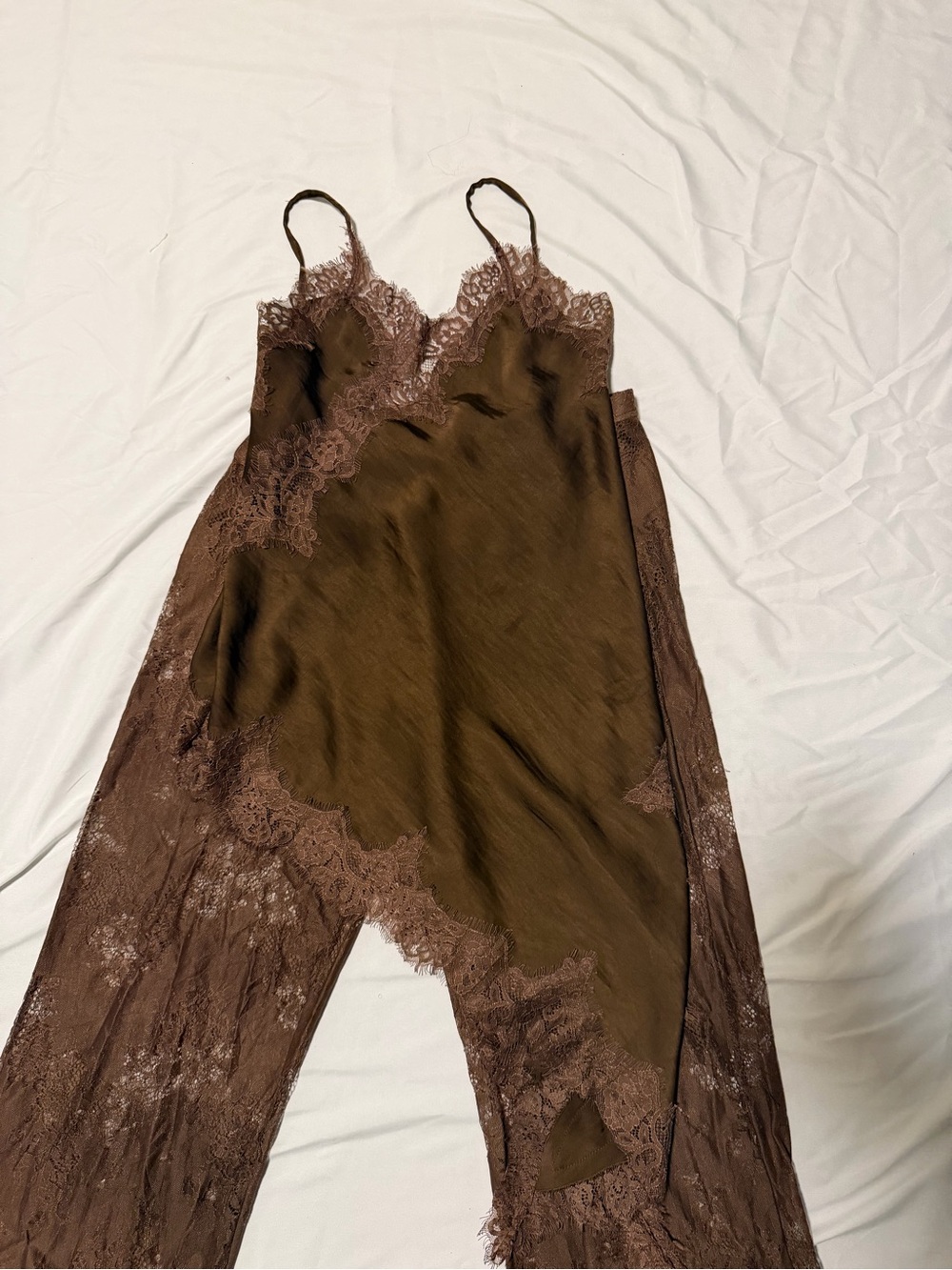 Fashion Nova Brown Lace-Trim Satin set